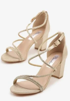 Złote Sandały na Słupku z Cyrkoniami i Brokatem Silanelle