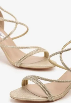 Złote Sandały na Słupku z Cyrkoniami i Brokatem Silanelle