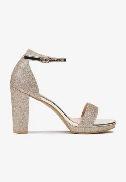 Złote Sandały na Słupku Zdobione Brokatem Aldohr