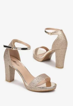 Złote Sandały na Słupku Zdobione Brokatem Aldohr
