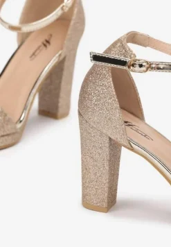 Złote Sandały na Słupku Zdobione Brokatem Aldohr