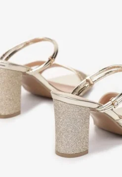 Złote Sandały na Słupku Zdobione Brokatem Clymiore