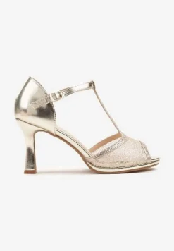 Złote Sandały na Szpilce Ozdobione Brokatem i Cyrkoniami Udivona