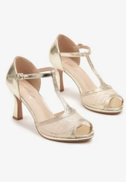 Złote Sandały na Szpilce Ozdobione Brokatem i Cyrkoniami Udivona