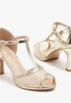 Złote Sandały na Szpilce Ozdobione Brokatem i Cyrkoniami Udivona
