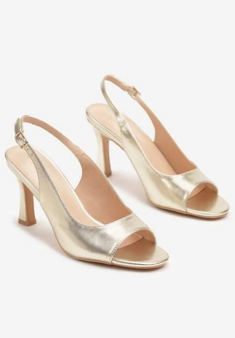 Złote Sandały na Szpilce Ozdobione Paskiem Podtrzymującym Piętę Palineas