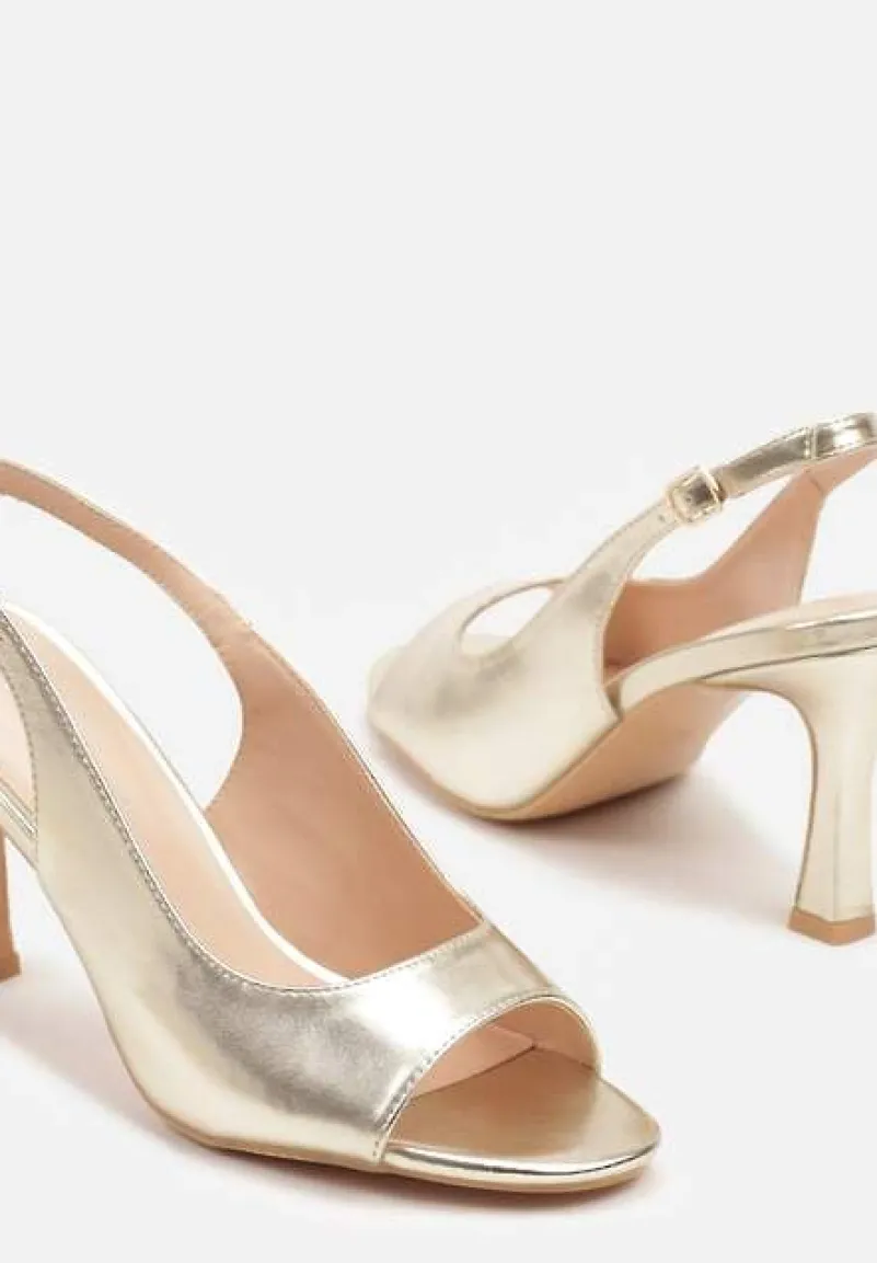 Złote Sandały na Szpilce Ozdobione Paskiem Podtrzymującym Piętę Palineas