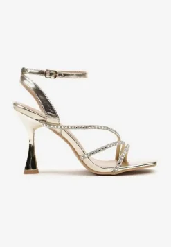 Złote Sandały na Szpilce Ozdobione Paskami z Cyrkonii Nusiella