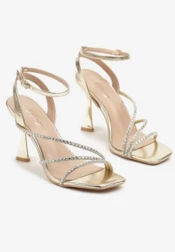 Złote Sandały na Szpilce Ozdobione Paskami z Cyrkonii Nusiella
