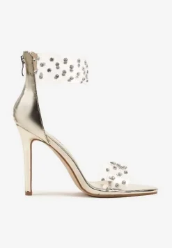 Złote Sandały na Szpilce Ozdobione Przezroczystymi Paskami i Cyrkoniami Lioleva