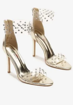 Złote Sandały na Szpilce Ozdobione Przezroczystymi Paskami i Cyrkoniami Lioleva