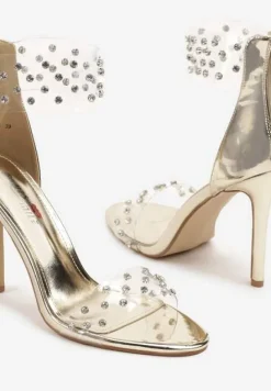 Złote Sandały na Szpilce Ozdobione Przezroczystymi Paskami i Cyrkoniami Lioleva