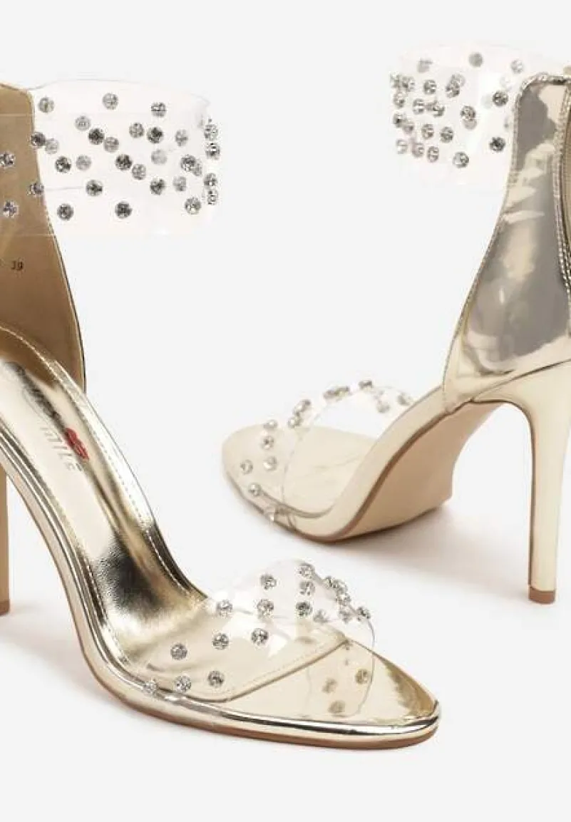 Złote Sandały na Szpilce Ozdobione Przezroczystymi Paskami i Cyrkoniami Lioleva