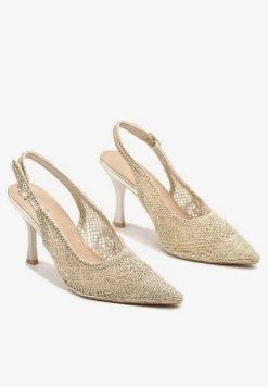 Złote Sandały na Szpilce Typu Slingback Ozdobione Siateczką Aranalia