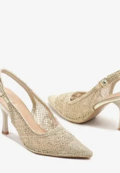 Złote Sandały na Szpilce Typu Slingback Ozdobione Siateczką Aranalia