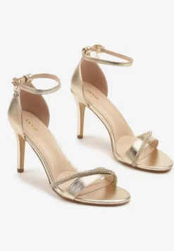 Złote Sandały na Szpilce Vices Ozdobione Paskiem z Cyrkonii Linarunia