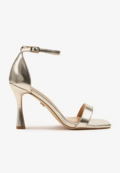 Złote Sandały na Szpilce Vices z Kwadratowym Noskiem Linasena