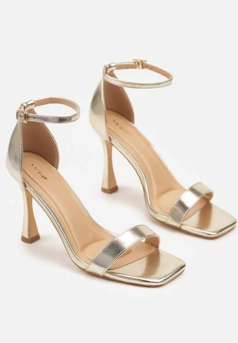 Złote Sandały na Szpilce Vices z Kwadratowym Noskiem Linasena