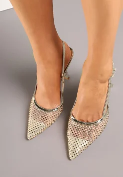 Złote Sandały na Szpilce Vices z Siateczkową Cholewką z Cyrkoniami Liramire