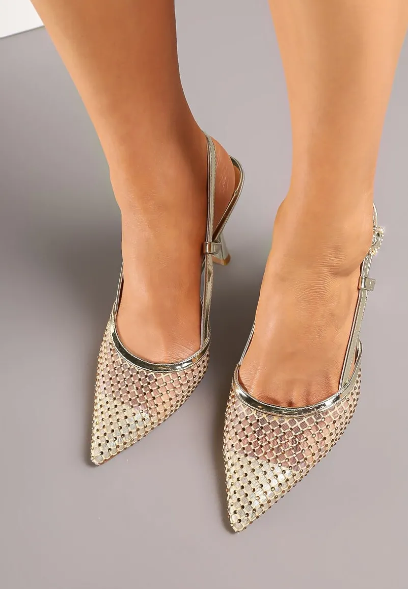 Złote Sandały na Szpilce Vices z Siateczkową Cholewką z Cyrkoniami Liramire