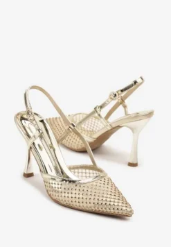 Złote Sandały na Szpilce Vices z Siateczkową Cholewką z Cyrkoniami Liramire