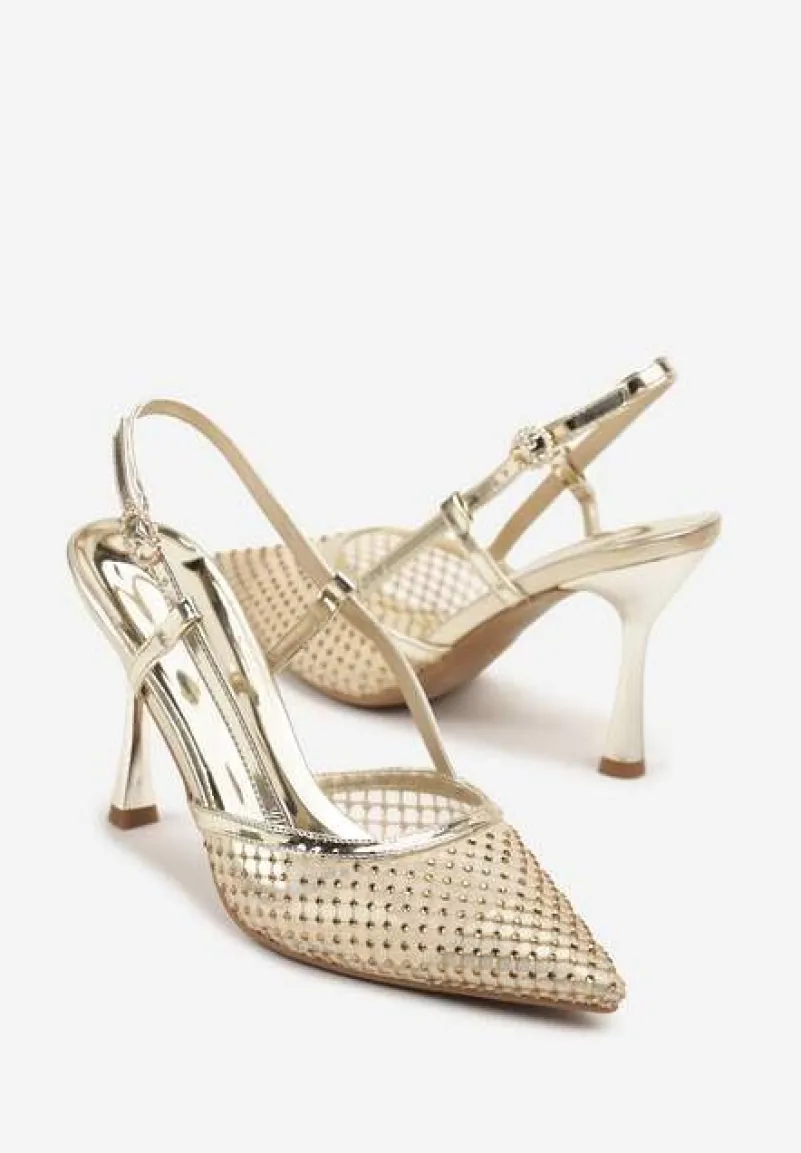 Złote Sandały na Szpilce Vices z Siateczkową Cholewką z Cyrkoniami Liramire