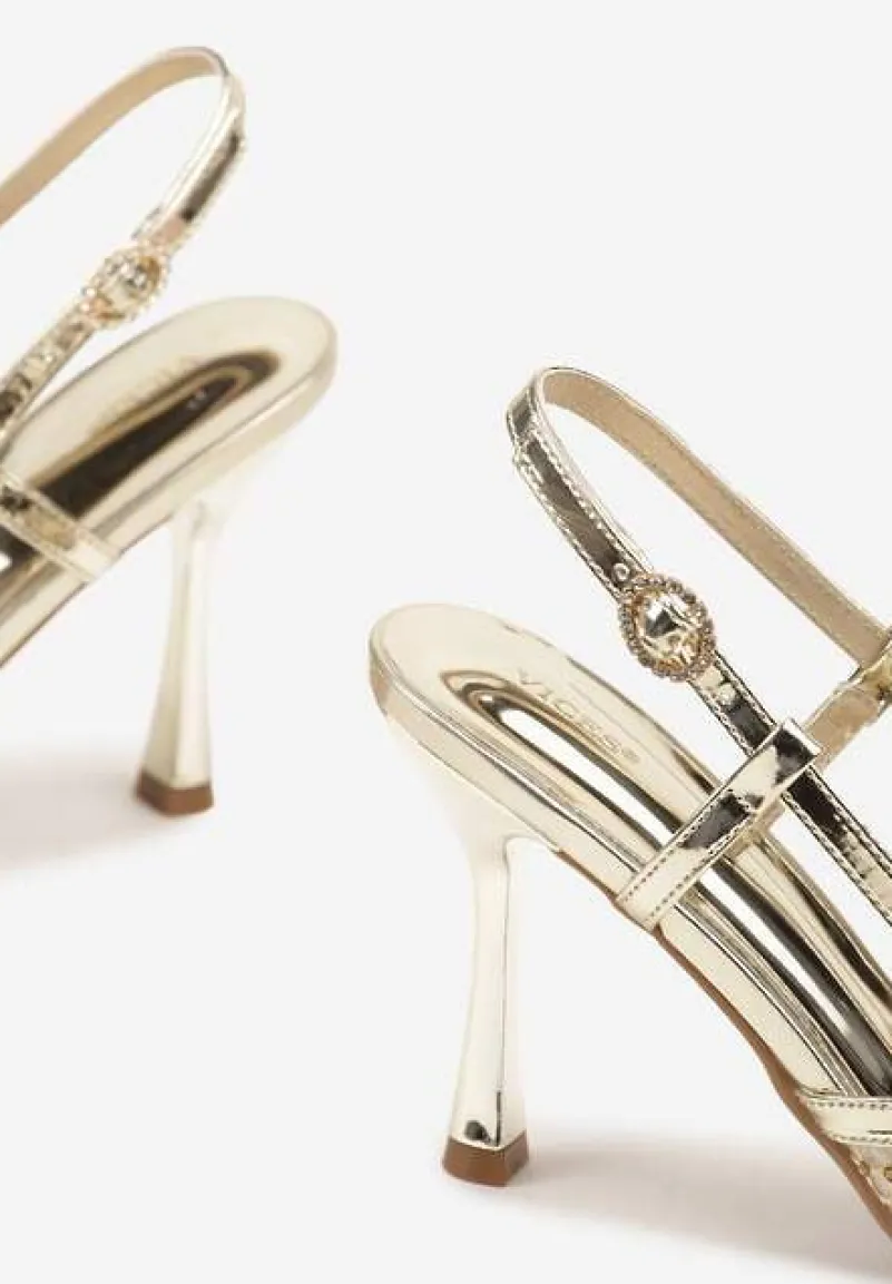 Złote Sandały na Szpilce Vices z Siateczkową Cholewką z Cyrkoniami Liramire