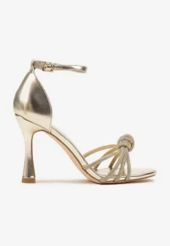 Złote Sandały na Szpilce Vices z Supełkiem i Cyrkoniami Tallomea