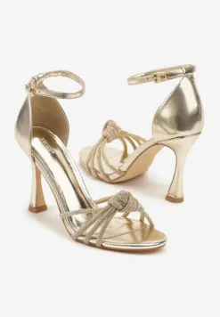 Złote Sandały na Szpilce Vices z Supełkiem i Cyrkoniami Tallomea