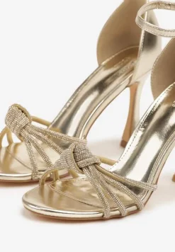 Złote Sandały na Szpilce Vices z Supełkiem i Cyrkoniami Tallomea