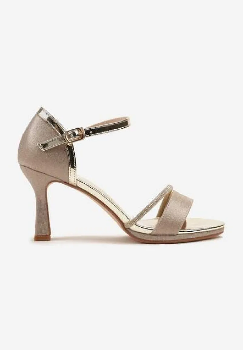 Złote Sandały na Szpilce Vices Ozdobione Cyrkoniami i Brokatem Lenallis