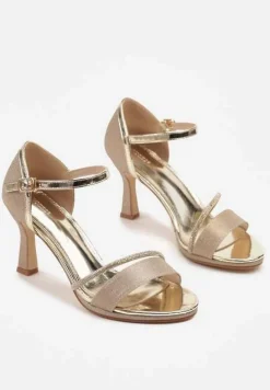 Złote Sandały na Szpilce Vices Ozdobione Cyrkoniami i Brokatem Lenallis