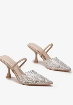 Złote Sandały na Szpilce z Przezroczystym Noskiem w Cekiny i Perły Niria