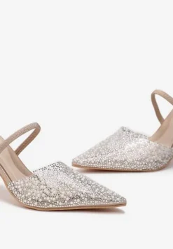 Złote Sandały na Szpilce z Przezroczystym Noskiem w Cekiny i Perły Niria