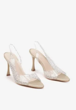 Złote Sandały na Szpilce z Transparentną Cholewką Ozdobione Perełkami i Cyrkoniami Risaras