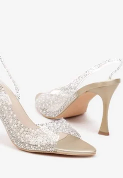 Złote Sandały na Szpilce z Transparentną Cholewką Ozdobione Perełkami i Cyrkoniami Risaras