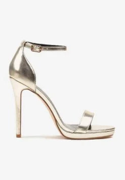 Złote Sandały na Szpilce z Paskiem wokół Kostki i Sprzączką Silirea