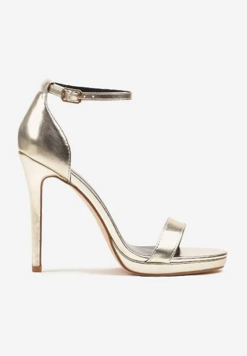 Złote Sandały na Szpilce z Paskiem wokół Kostki i Sprzączką Silirea