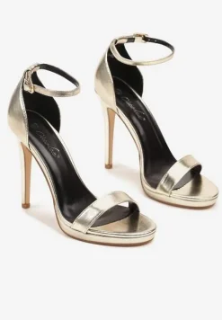 Złote Sandały na Szpilce z Paskiem wokół Kostki i Sprzączką Silirea