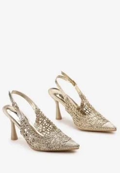 Złote Sandały na Szpilce z Połyskiem i Ażurową Cholewką Piralis