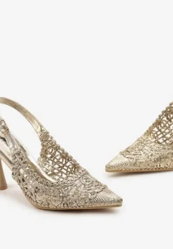 Złote Sandały na Szpilce z Połyskiem i Ażurową Cholewką Piralis