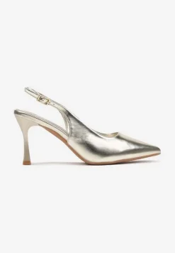 Złote Sandały na Szpilce ze Szpiczastym Noskiem i Paskiem z Klamerką Azzire