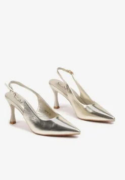 Złote Sandały na Szpilce ze Szpiczastym Noskiem i Paskiem z Klamerką Azzire