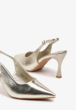 Złote Sandały na Szpilce ze Szpiczastym Noskiem i Paskiem z Klamerką Azzire