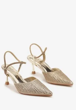 Złote Sandały Slingback na Szpilce ze Szpiczastym Noskiem z Cyrkoniami Dimena