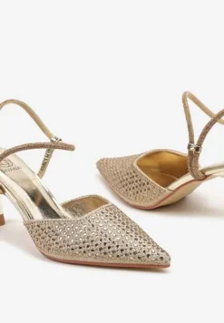 Złote Sandały Slingback na Szpilce ze Szpiczastym Noskiem z Cyrkoniami Dimena