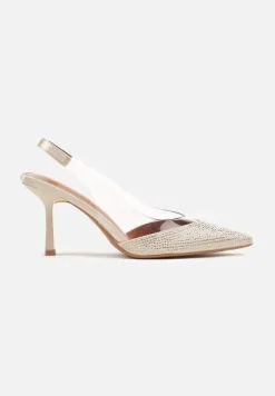 Złote Sandały Slingback na Obcasie z Przezroczystą Wstawką i Cyrkoniami Senoreth