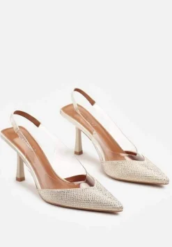 Złote Sandały Slingback na Obcasie z Przezroczystą Wstawką i Cyrkoniami Senoreth