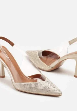 Złote Sandały Slingback na Obcasie z Przezroczystą Wstawką i Cyrkoniami Senoreth