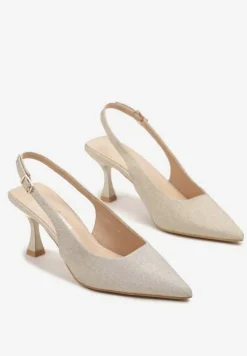 Złote Sandały Slingback na Klepsydrze Zdobione Brokatem Reolina